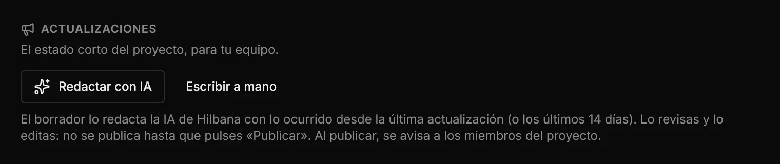 La sección Actualizaciones del resumen de un proyecto, con los botones Redactar con IA y Nueva actualización