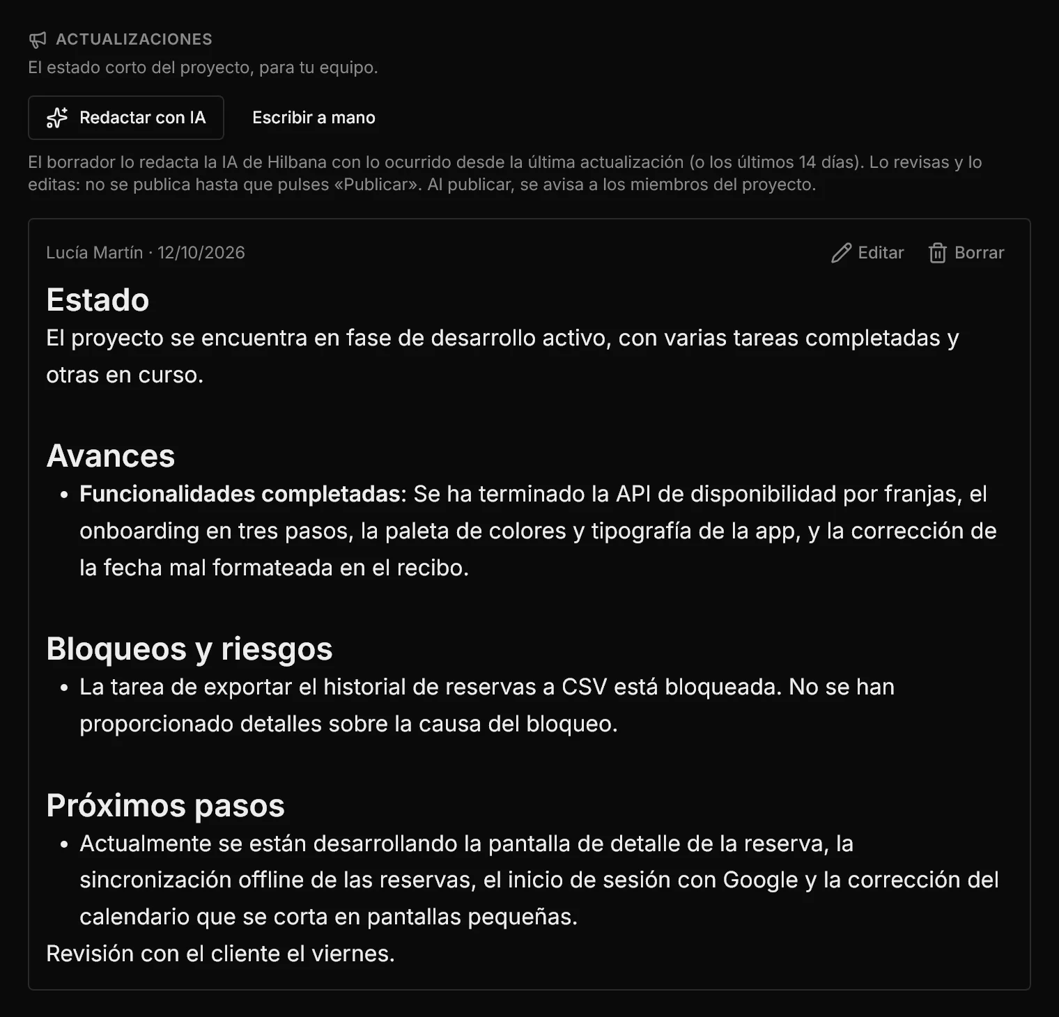 La actualización publicada en el historial del proyecto, con el autor, la fecha y los cuatro apartados