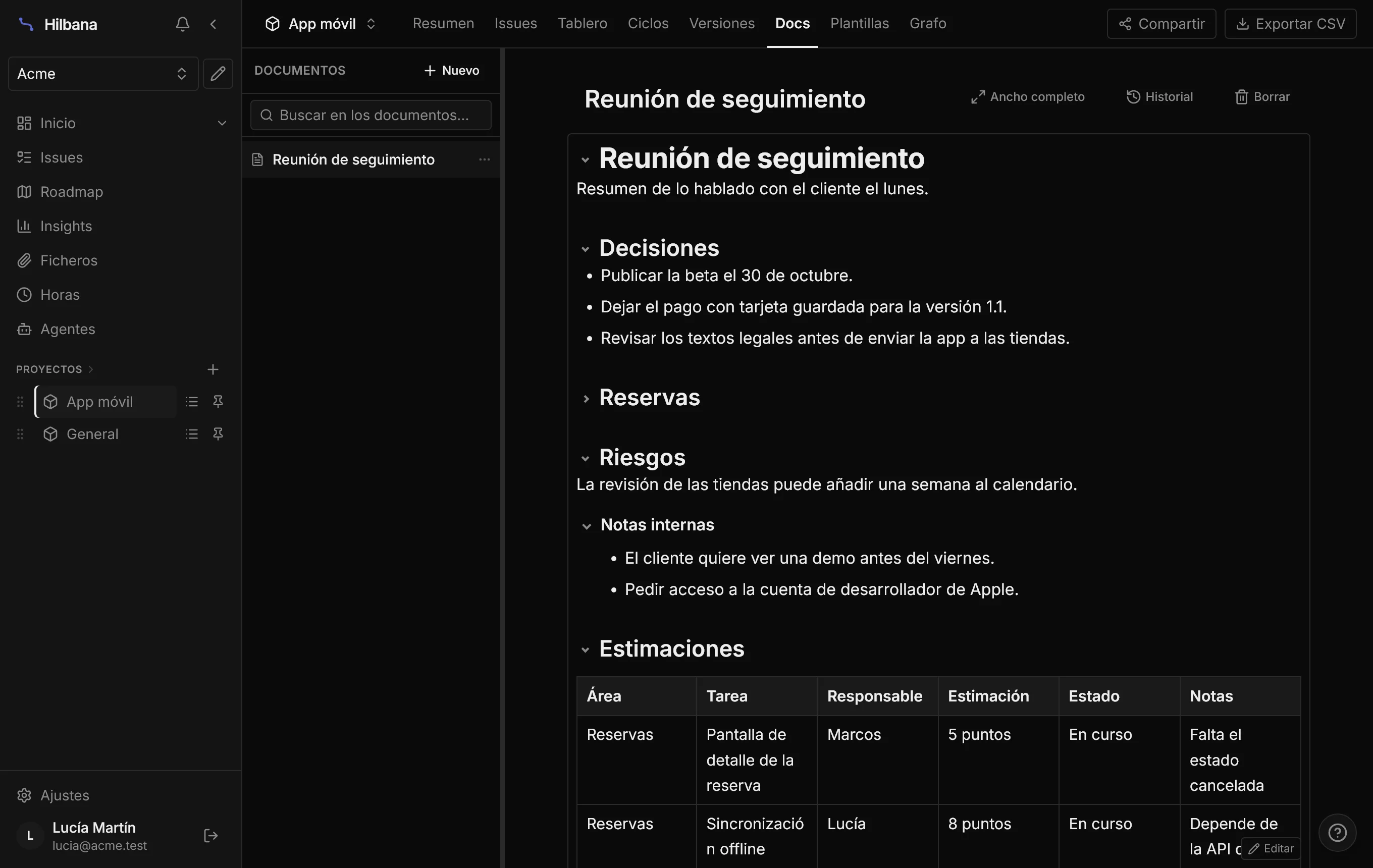 El bloque plegable Notas internas abierto, con su lista dentro