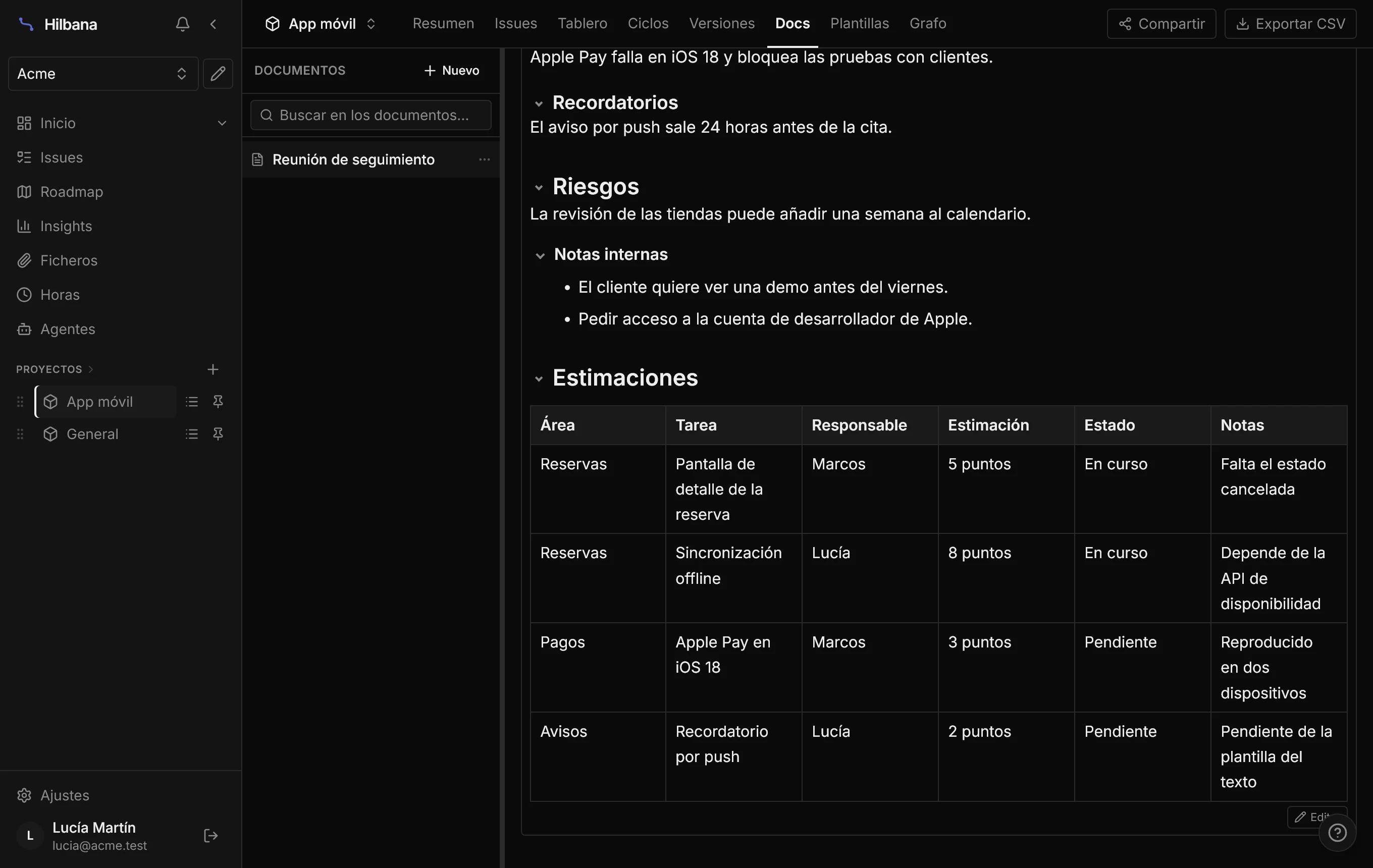 La misma tabla a ancho completo, con las seis columnas con aire
