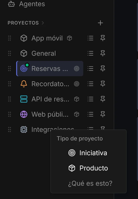 Menú del proyecto con el tipo de proyecto: Iniciativa o Producto