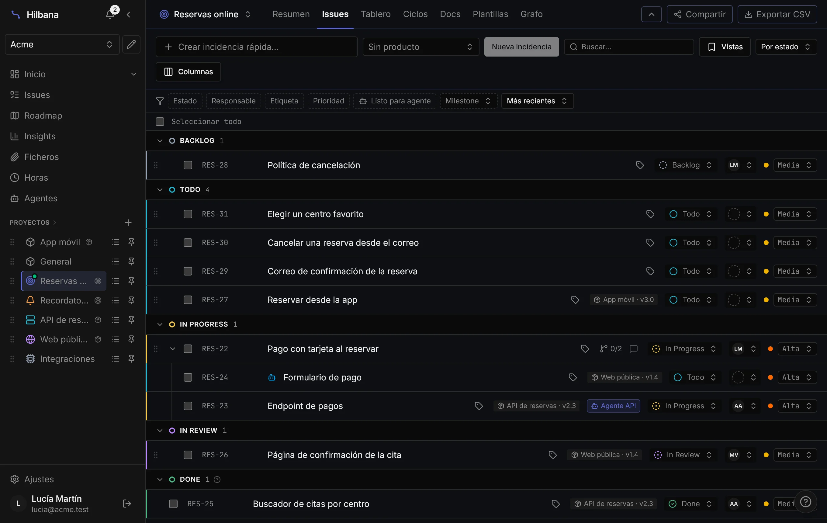 Listado de la iniciativa Reservas online: cada tarea con su producto y su versión en la columna Producto
