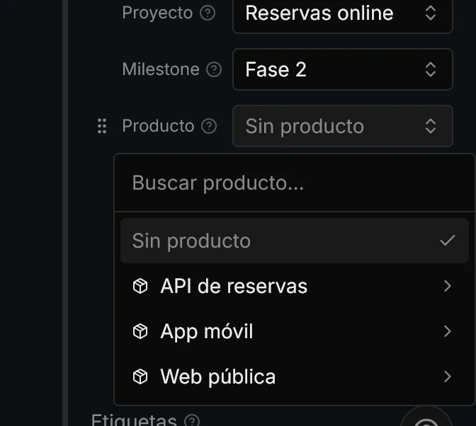 Selector de producto en la ficha de la tarea: los tres productos del workspace