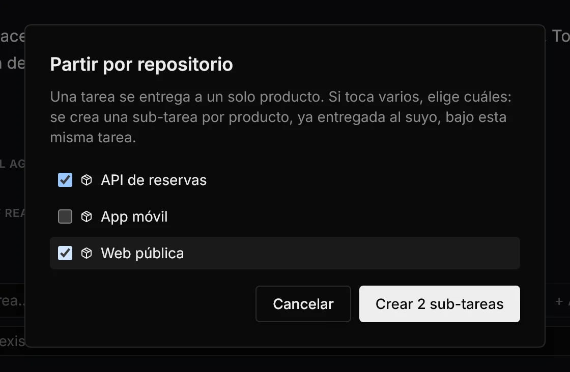 Diálogo Partir por repositorio con la web pública y la API de reservas marcadas