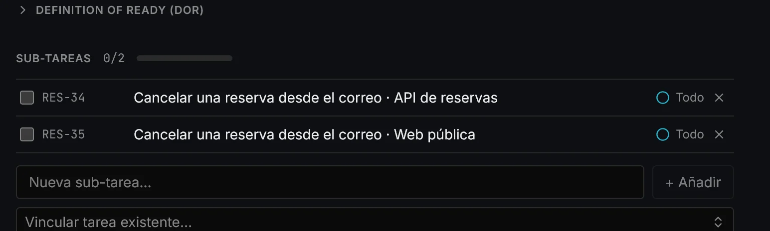 Las dos sub-tareas creadas: una para la web pública y otra para la API de reservas