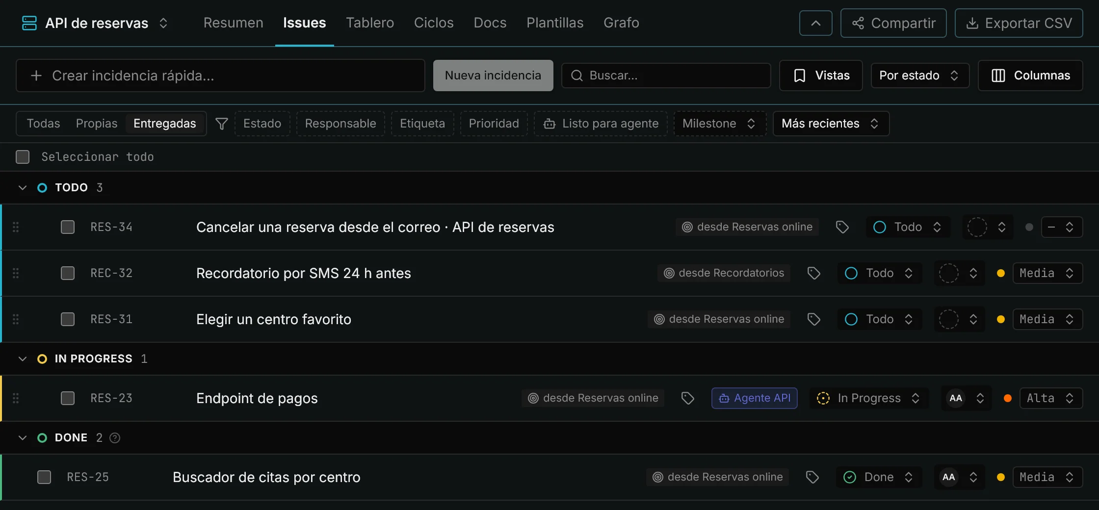Listado de la API filtrado por Entregadas: solo las tareas que llegan de las iniciativas