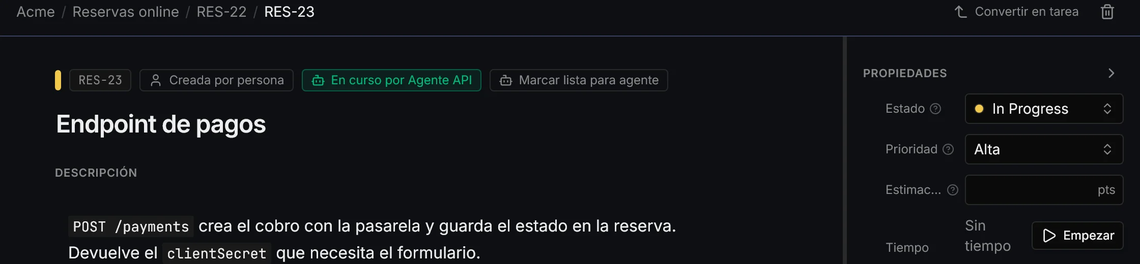 Endpoint de pagos en curso por el Agente API