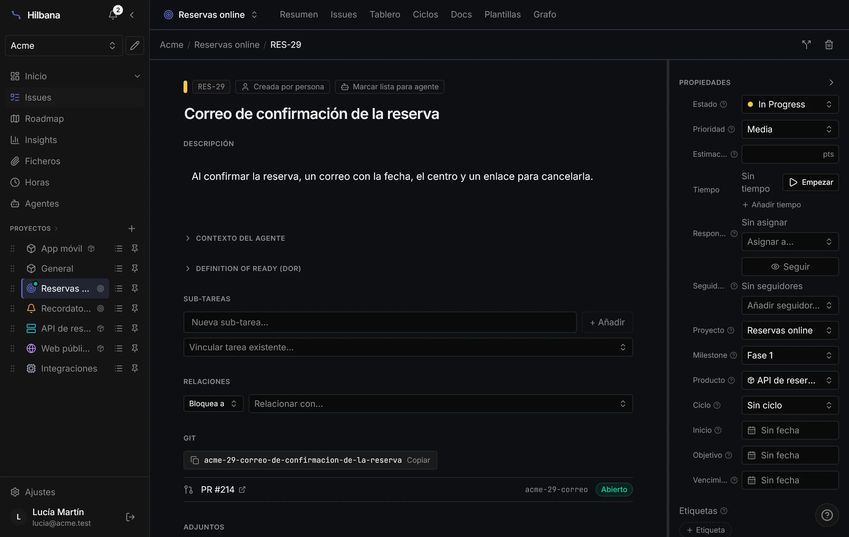 La tarea con el producto API de reservas puesto solo y el PR #214 abierto