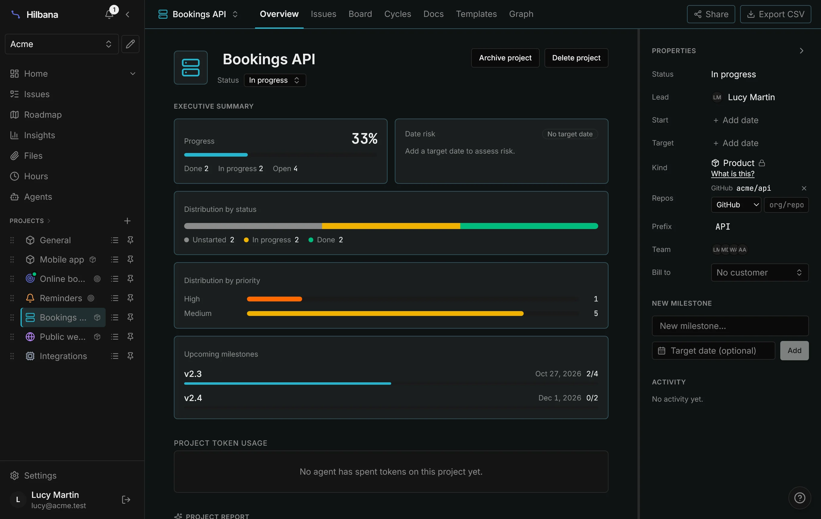 Bookings API product page: locked Product kind, the acme/api repository and its versions v2.3 and v2.4