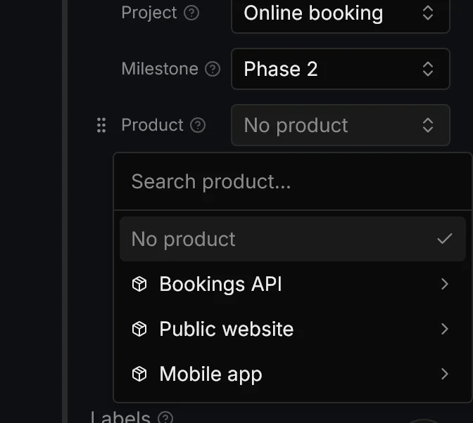 Product picker on the issue page: the three products in the workspace