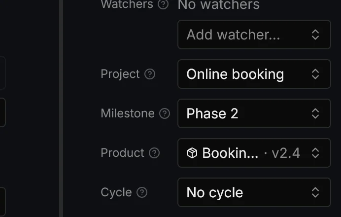 The Product field with the Bookings API and v2.4, next to the initiative's Phase 2 milestone