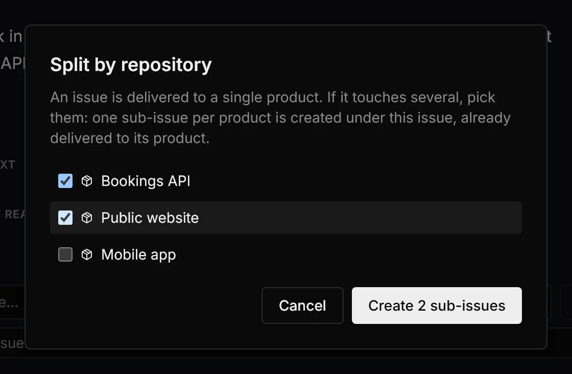 Split by repository dialog with the public website and the bookings API checked