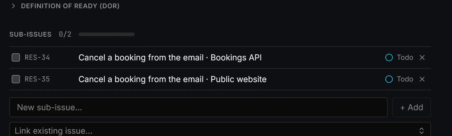 The two sub-issues created: one for the public website and one for the bookings API