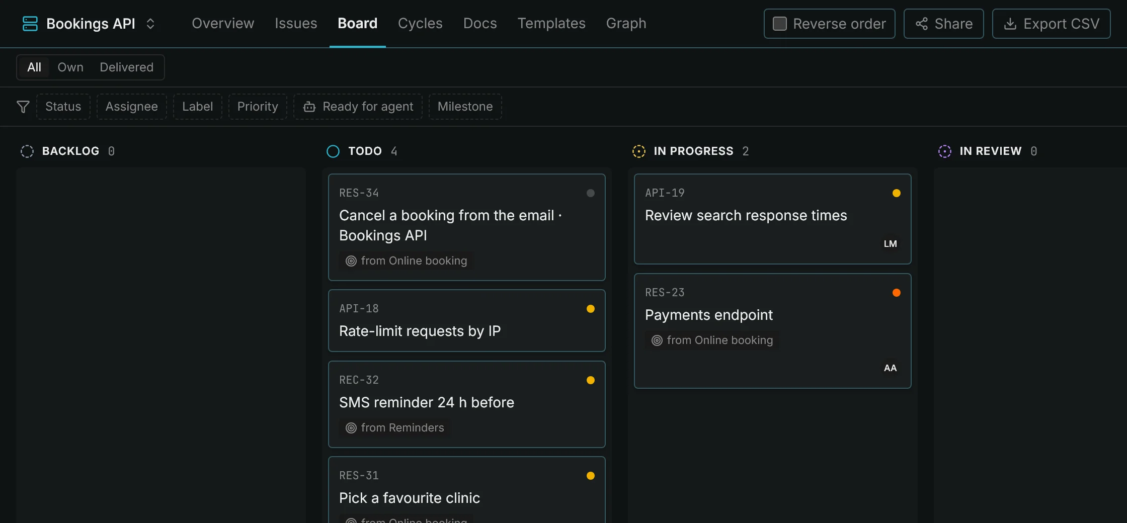 Bookings API board with its own and delivered issues, tagged with their initiative of origin