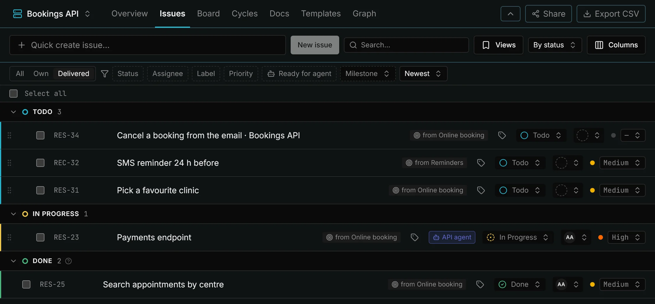 API list filtered by Delivered: only the issues coming from initiatives