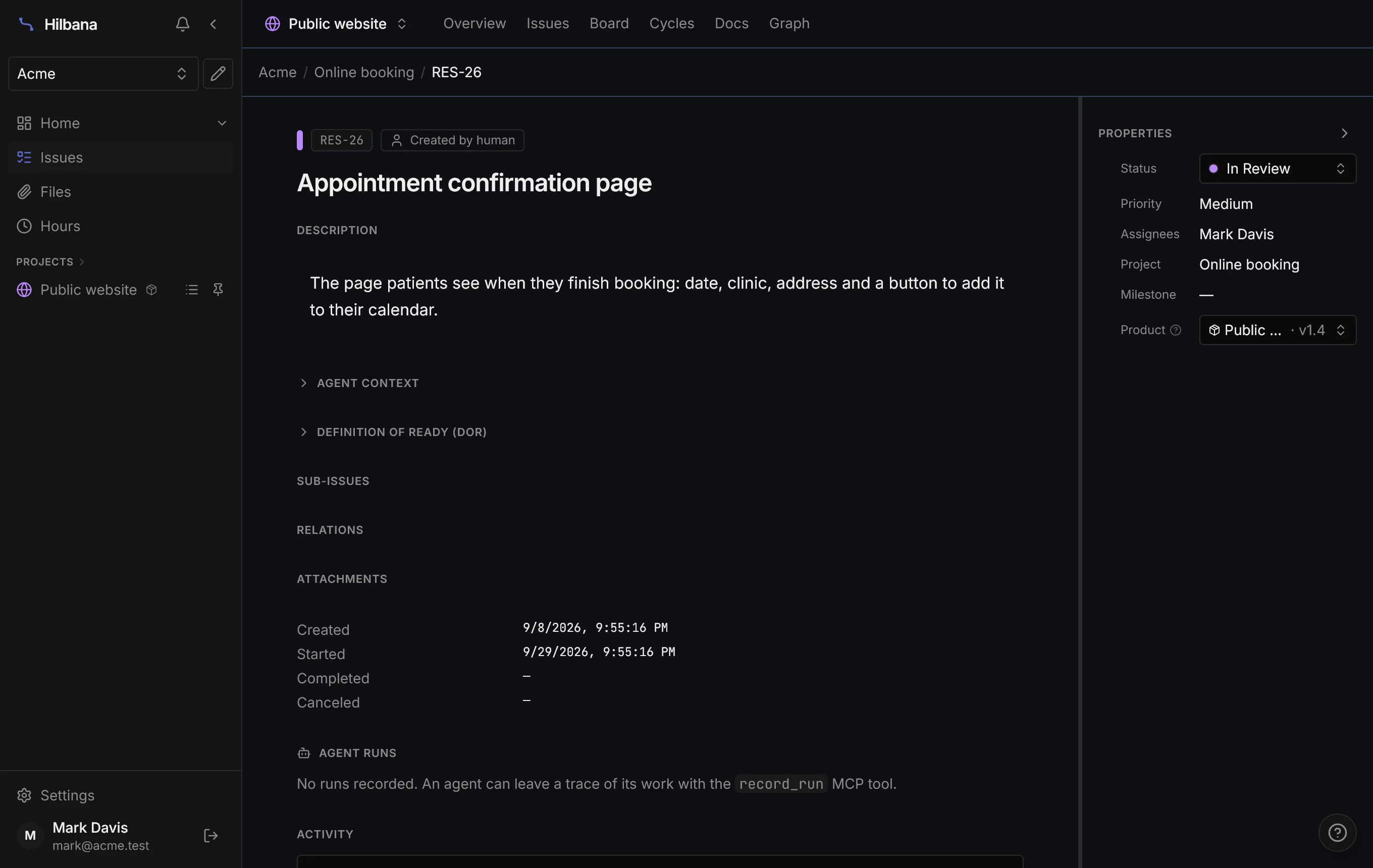 Issue page seen by the guest: read-only properties and the initiative without a link