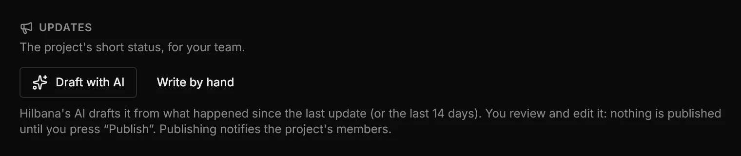 The Updates section on a project overview, with the Draft with AI and New update buttons