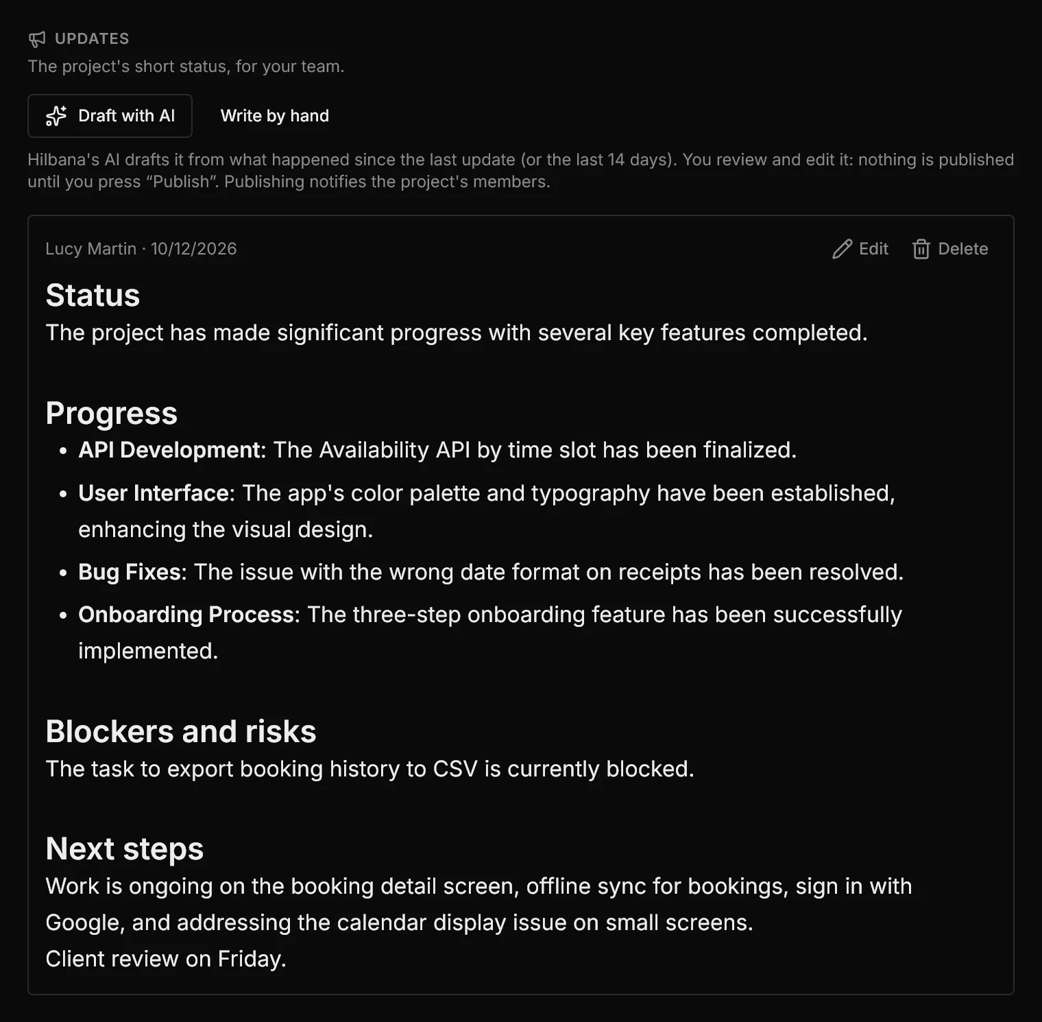 The published update in the project history, with the author, the date and the four sections