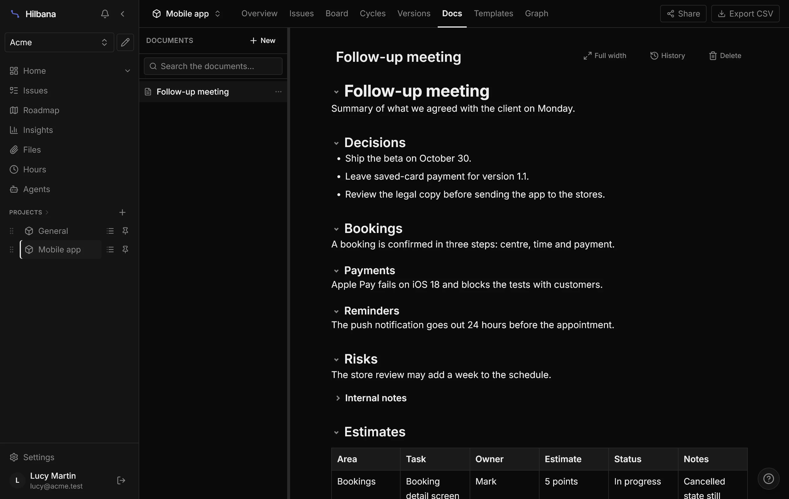 A meeting document with an arrow in front of each heading and a foldable block of internal notes
