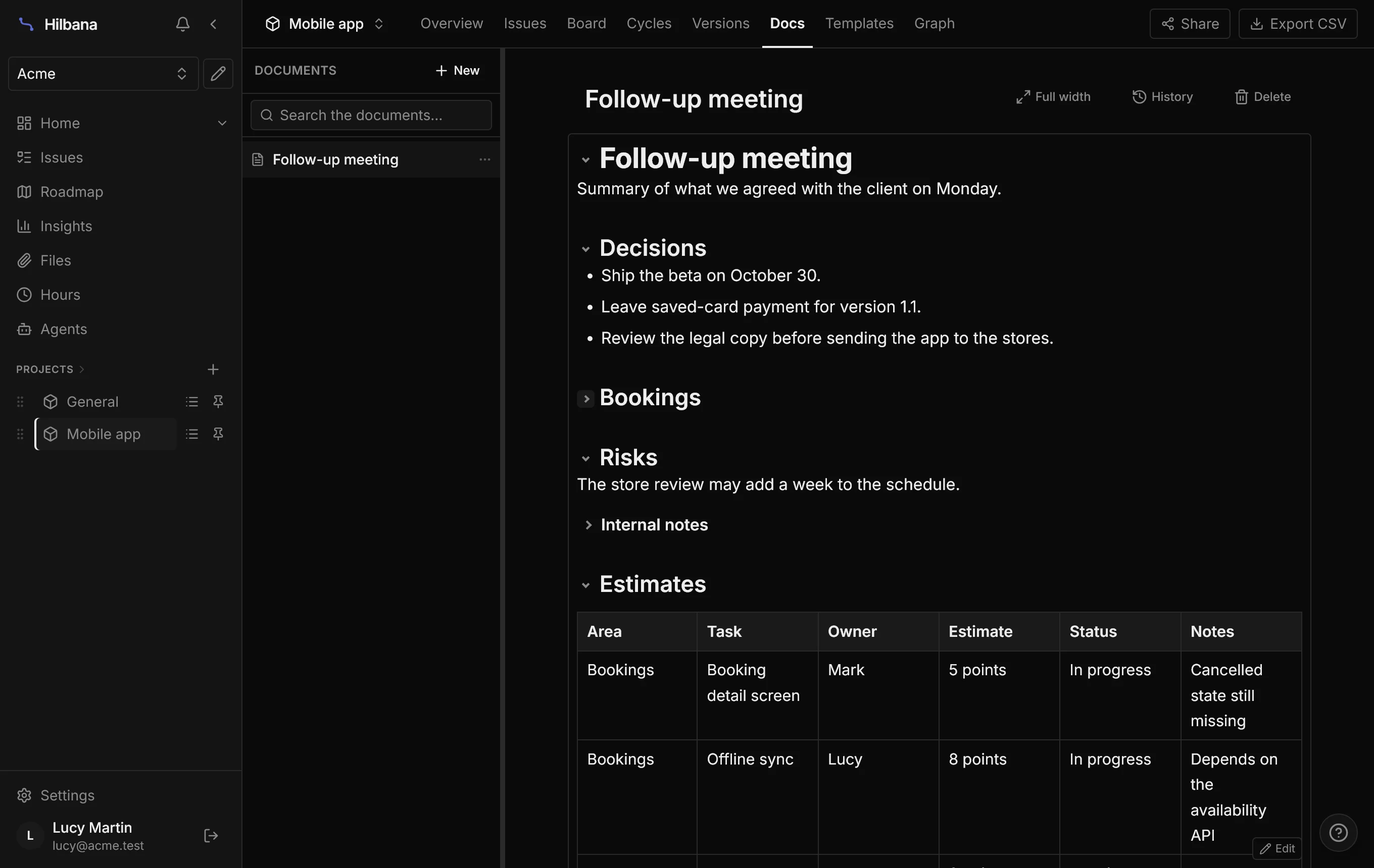 The same document with the Bookings section folded: its text and its two subsections are hidden