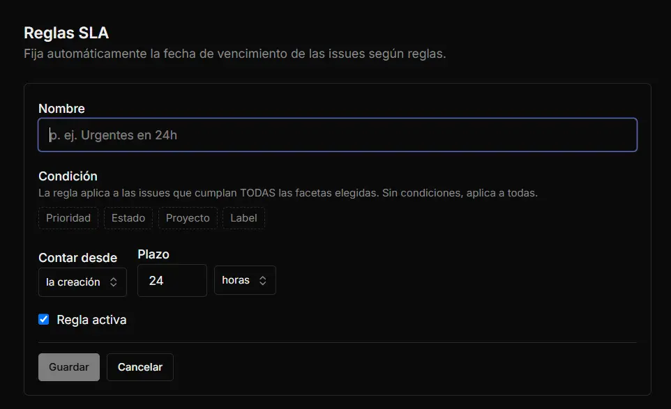 Formulario de nueva regla SLA
