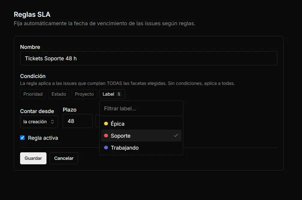 Filtro de tareas de soporte