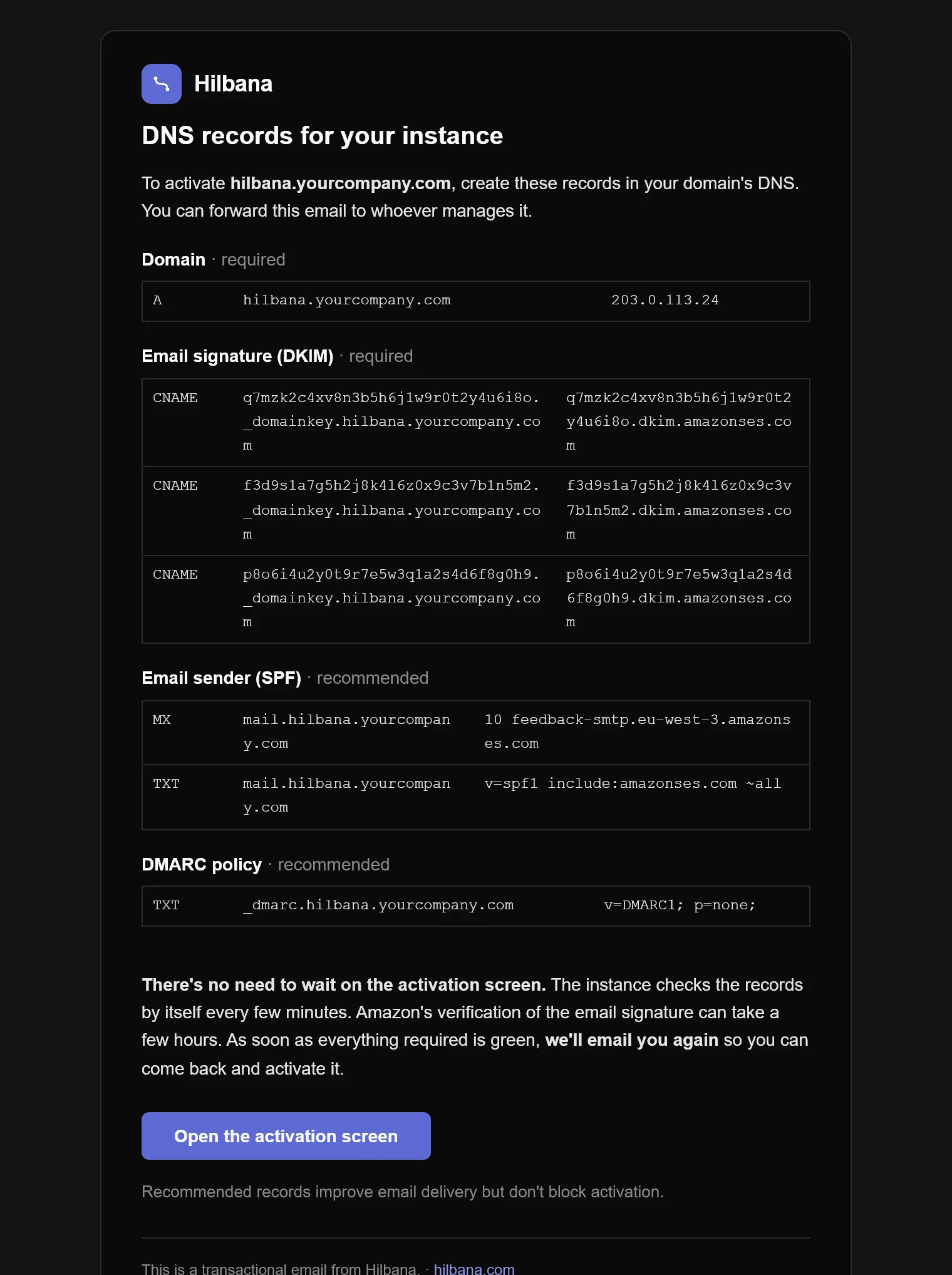 The email with the instance’s DNS records, grouped into required and recommended