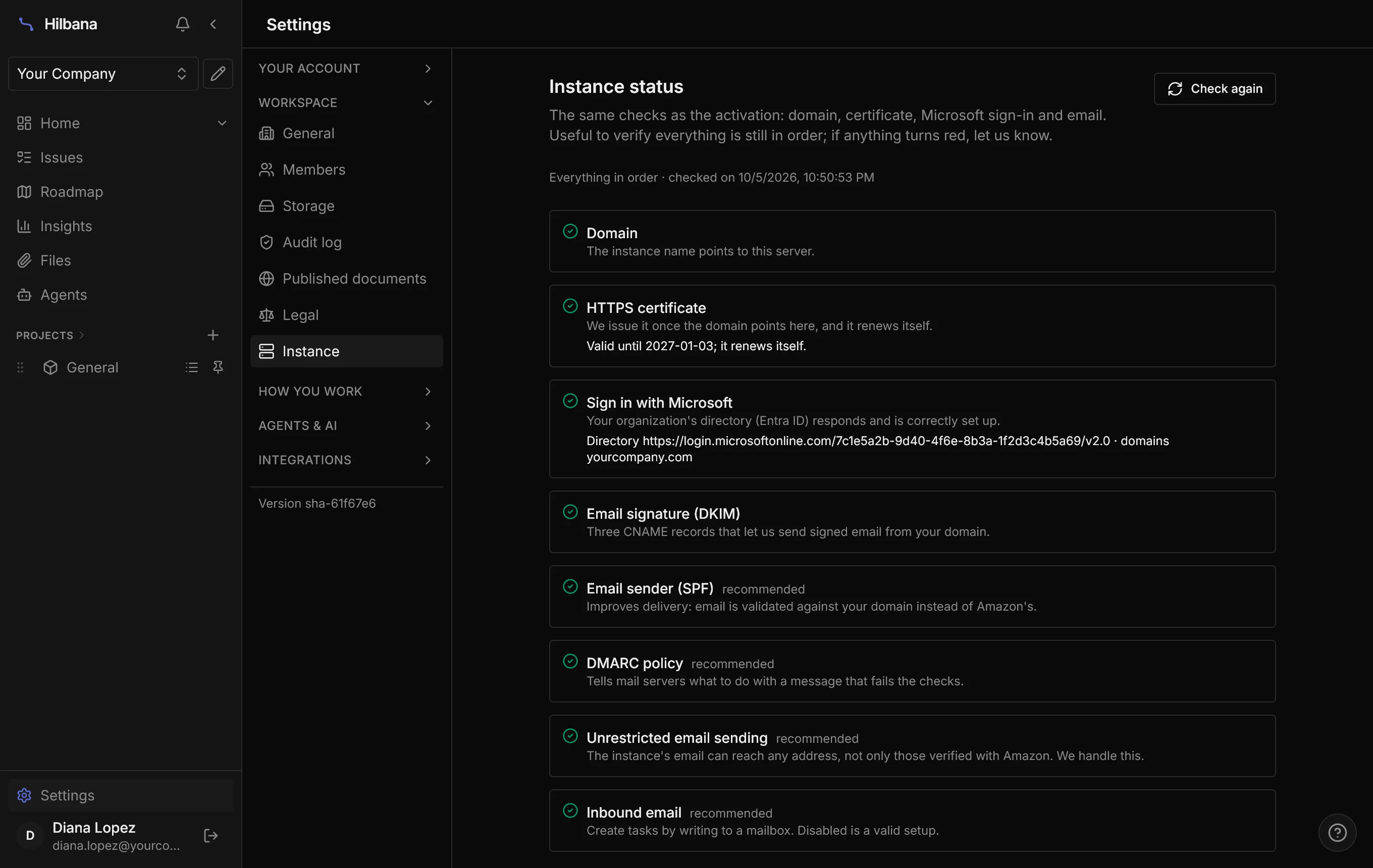 Settings → Instance, with every instance check green