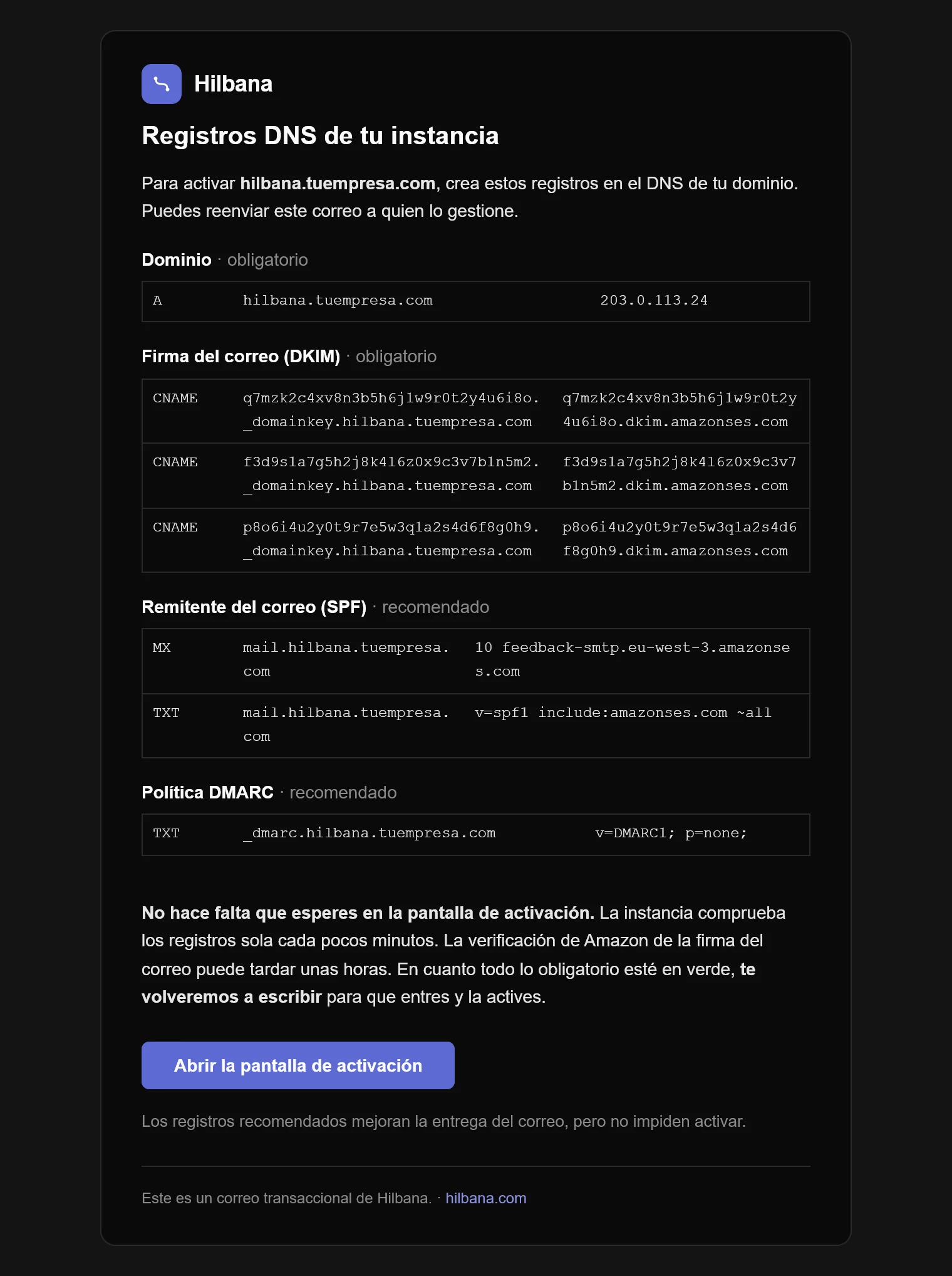 El correo con los registros DNS de la instancia, agrupados en obligatorios y recomendados