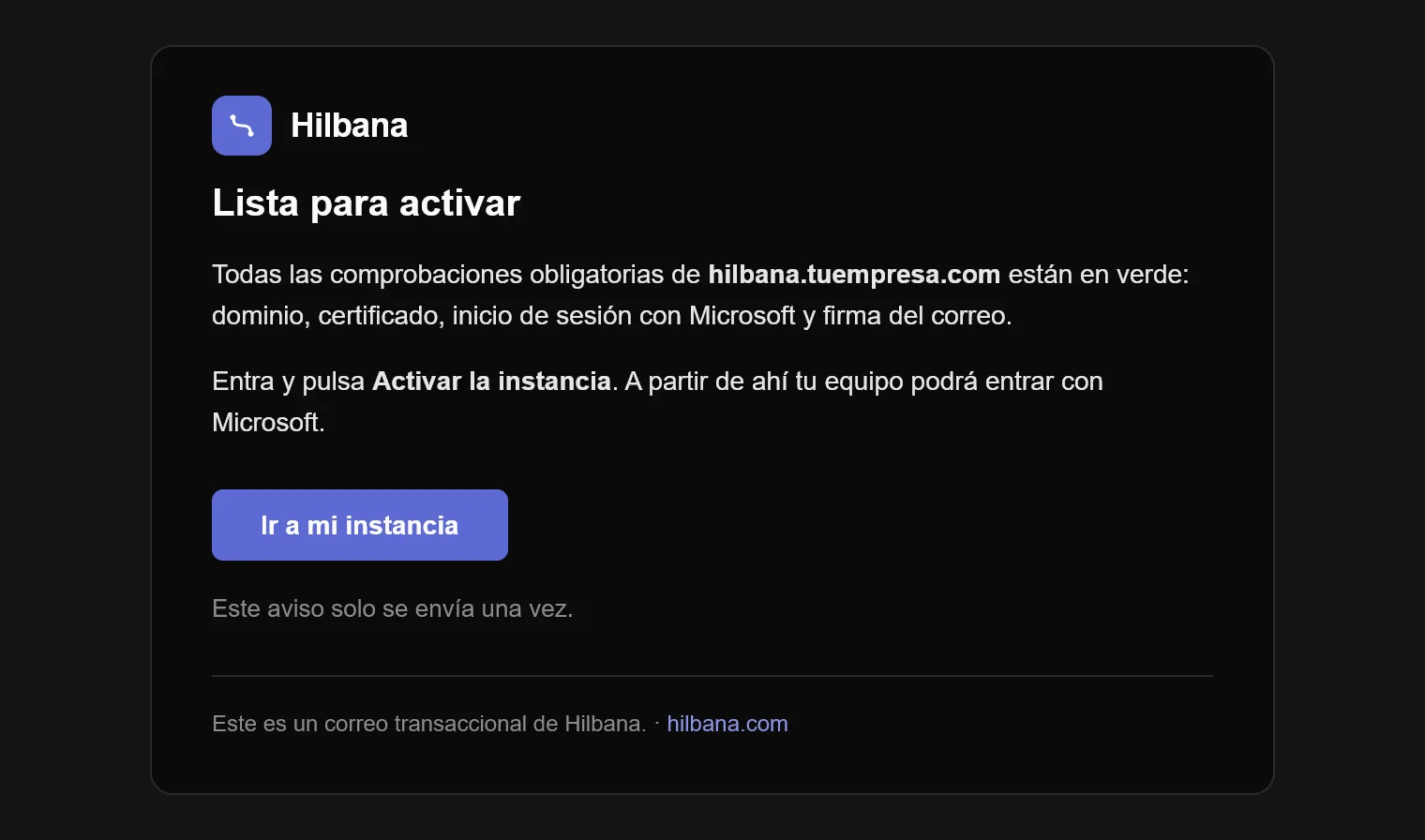 El correo «Lista para activar», con el botón para ir a la instancia