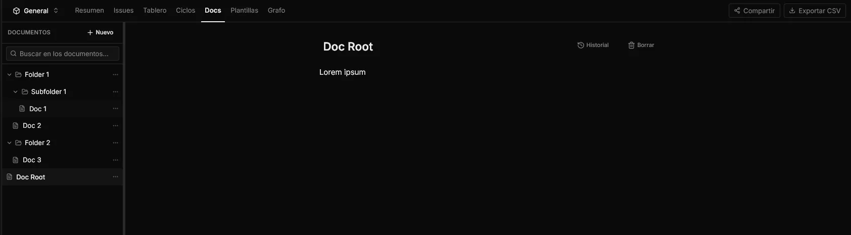 El árbol de documentos de un proyecto, con carpetas y subcarpetas