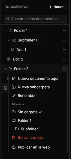 El menú de una carpeta: nuevo documento aquí, nueva subcarpeta, renombrar, mover a, borrar y publicar en la web